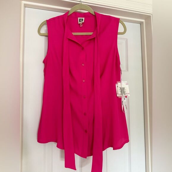 Anne Klein Tops - NWT Anne Klein Sleeveless Neck Tie Bright Pink Button Down Blouse Sz 6